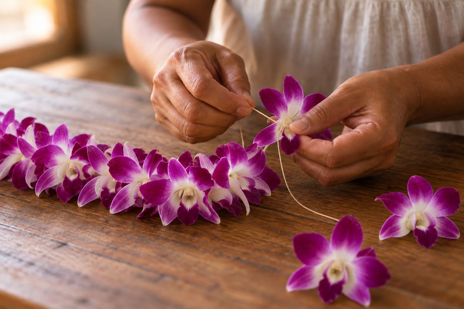Hands stringing a purple and white orchid lei